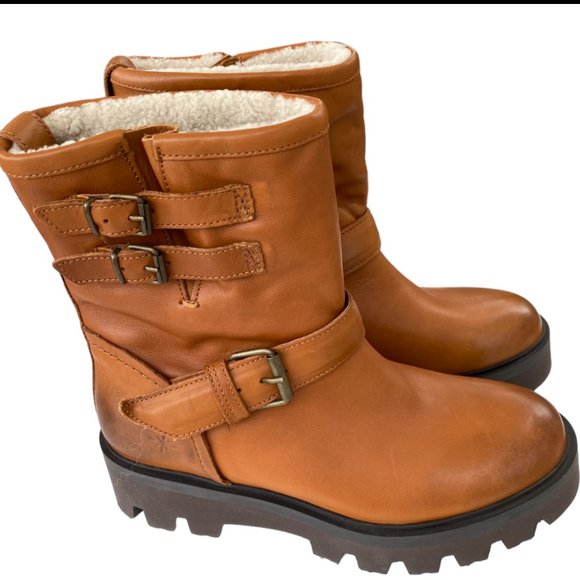 New Ross & Snow Lucky Waterproof Cognac Leather Lug Sole Moto Ankle Boots - Picture 3 of 6